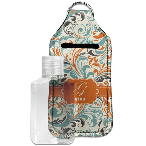 Custom Orange & Blue Leafy Swirls Hand Sanitizer & Keychain Holder - Large (Personalized)