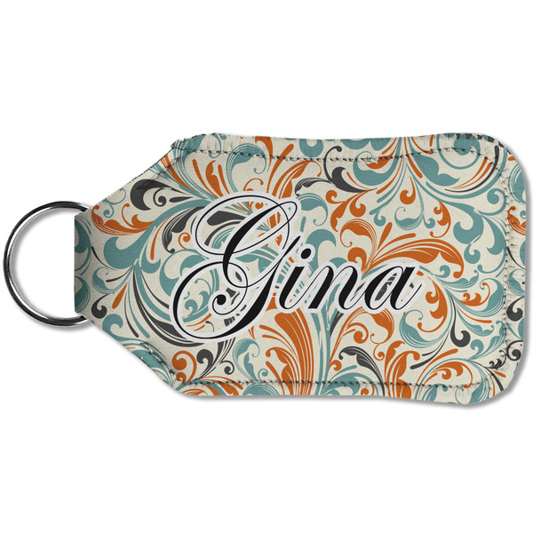 Orange & Blue Leafy Swirls Sanitizer Holder Keychain - Small (Back)