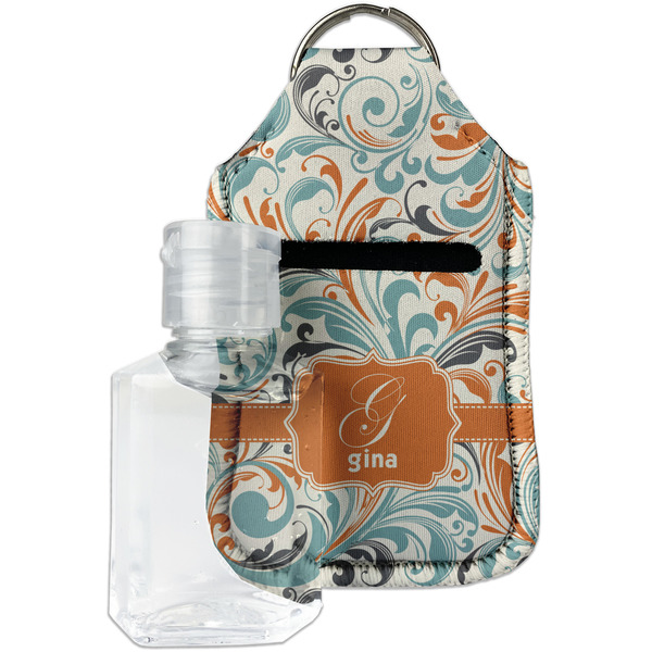 Custom Orange & Blue Leafy Swirls Hand Sanitizer & Keychain Holder - Small (Personalized)