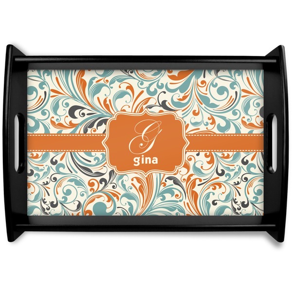 Custom Orange & Blue Leafy Swirls Wooden Tray (Personalized)