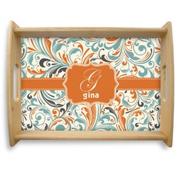 Orange & Blue Leafy Swirls Natural Wooden Tray - Large (Personalized)