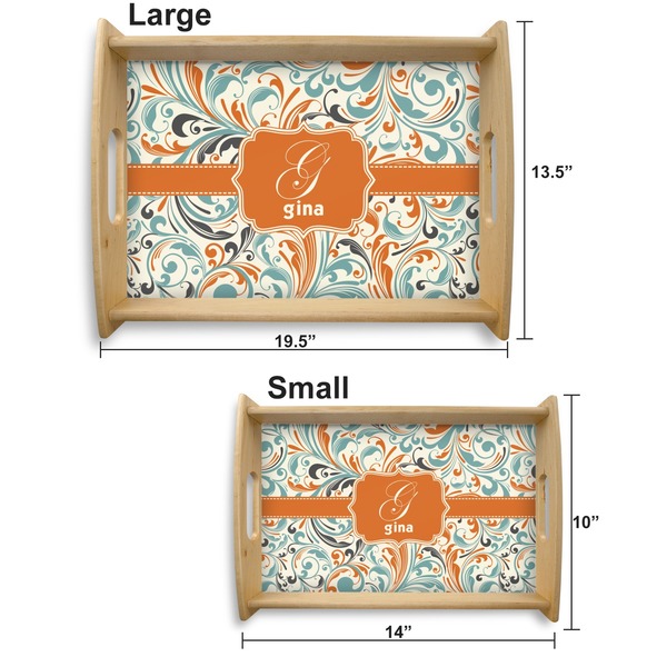Orange & Blue Leafy Swirls Serving Tray Wood Sizes
