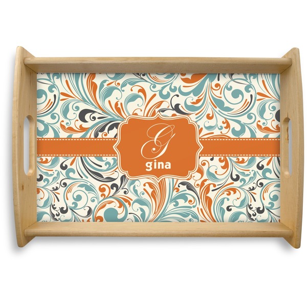 Custom Orange & Blue Leafy Swirls Natural Wooden Tray - Small (Personalized)