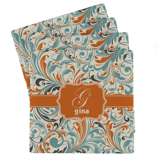 Custom Orange & Blue Leafy Swirls Absorbent Stone Coasters - Set of 4 (Personalized)
