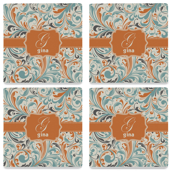 Orange & Blue Leafy Swirls Set of 4 Sandstone Coasters - See All 4 View