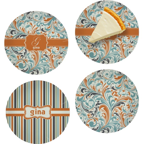 Custom Orange & Blue Leafy Swirls Set of 4 Glass Appetizer / Dessert Plate 8" (Personalized)