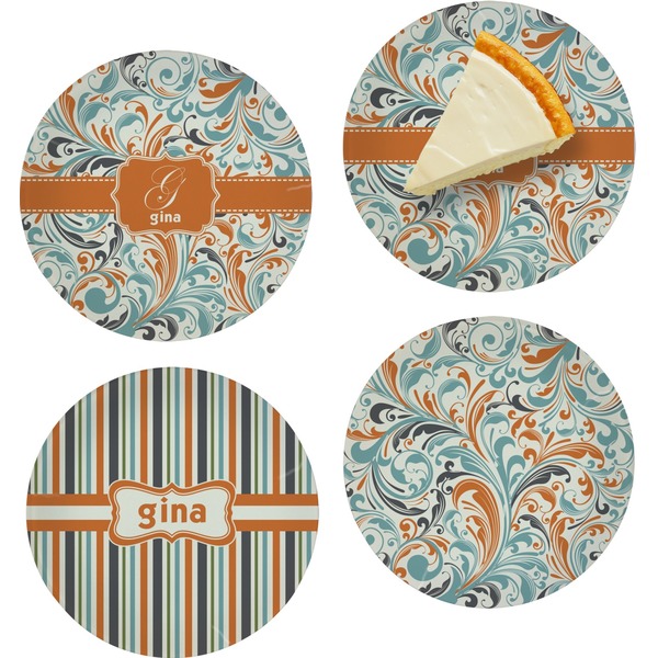 Orange & Blue Leafy Swirls Set of Appetizer / Dessert Plates