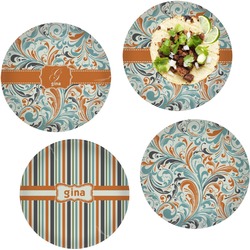 Orange & Blue Leafy Swirls Set of 4 Glass Lunch / Dinner Plate 10" (Personalized)