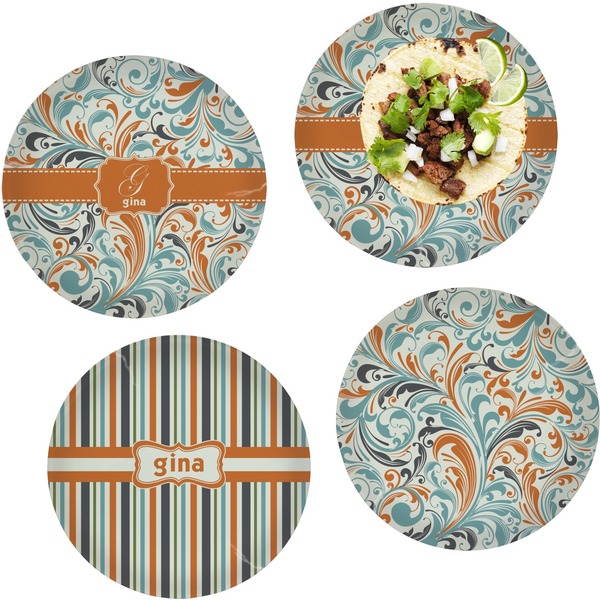 Custom Orange & Blue Leafy Swirls Set of 4 Glass Lunch / Dinner Plate 10" (Personalized)
