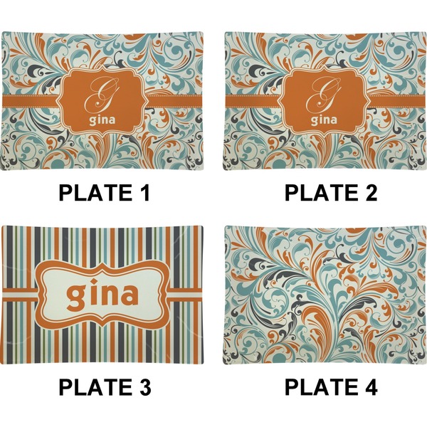 Orange & Blue Leafy Swirls Set of Rectangular Appetizer / Dessert Plates (Approval)
