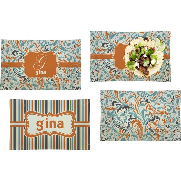 Orange & Blue Leafy Swirls Set of Rectangular Dinner Plates