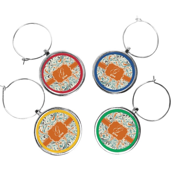Custom Orange & Blue Leafy Swirls Wine Charms (Set of 4) (Personalized)
