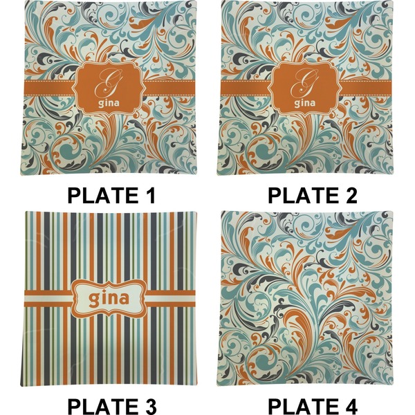 Orange & Blue Leafy Swirls Set of Square Dinner Plates (Approval)