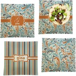 Orange & Blue Leafy Swirls Set of 4 Glass Square Lunch / Dinner Plate 9.5" (Personalized)