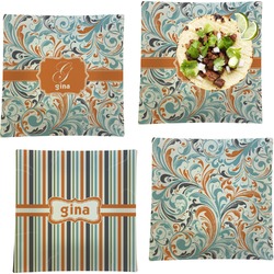 Orange & Blue Leafy Swirls Set of 4 Glass Square Lunch / Dinner Plate 9.5" (Personalized)