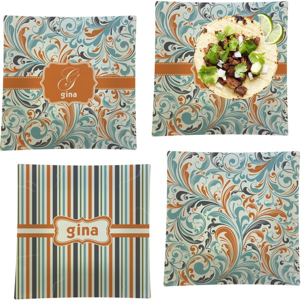 Custom Orange & Blue Leafy Swirls Set of 4 Glass Square Lunch / Dinner Plate 9.5" (Personalized)