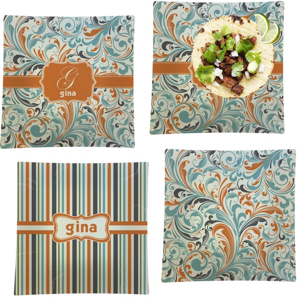 Orange & Blue Leafy Swirls Set of Square Dinner Plates