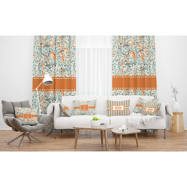 Orange & Blue Leafy Swirls Sheer and Custom Curtains in Room with Matching Pillows