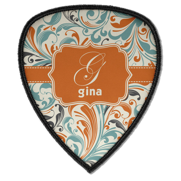 Custom Orange & Blue Leafy Swirls Iron on Shield Patch A w/ Name and Initial