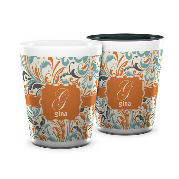 Custom Orange & Blue Leafy Swirls Ceramic Shot Glass - 1.5 oz (Personalized)