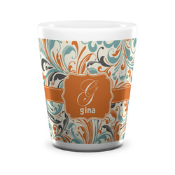 Orange & Blue Leafy Swirls Ceramic Shot Glass - 1.5 oz - White - Set of 4 (Personalized)