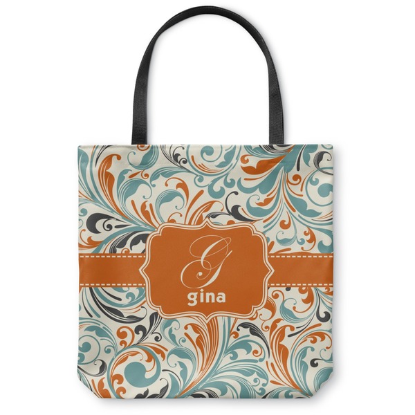 Custom Orange & Blue Leafy Swirls Canvas Tote Bag - Large - 18"x18" (Personalized)