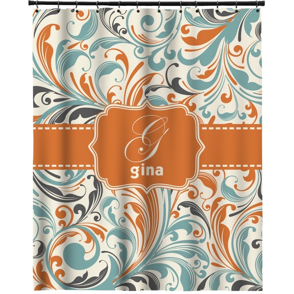 Custom Orange & Blue Leafy Swirls Extra Long Shower Curtain - 70"x84" (Personalized)