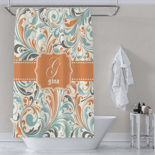 Orange & Blue Leafy Swirls Shower Curtain Lifestyle