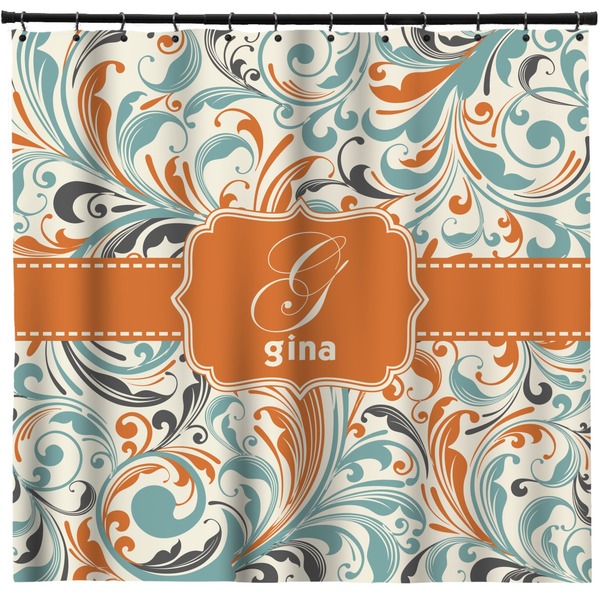 Custom Orange & Blue Leafy Swirls Shower Curtain (Personalized)