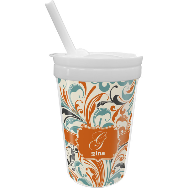 Custom Orange & Blue Leafy Swirls Sippy Cup with Straw (Personalized)