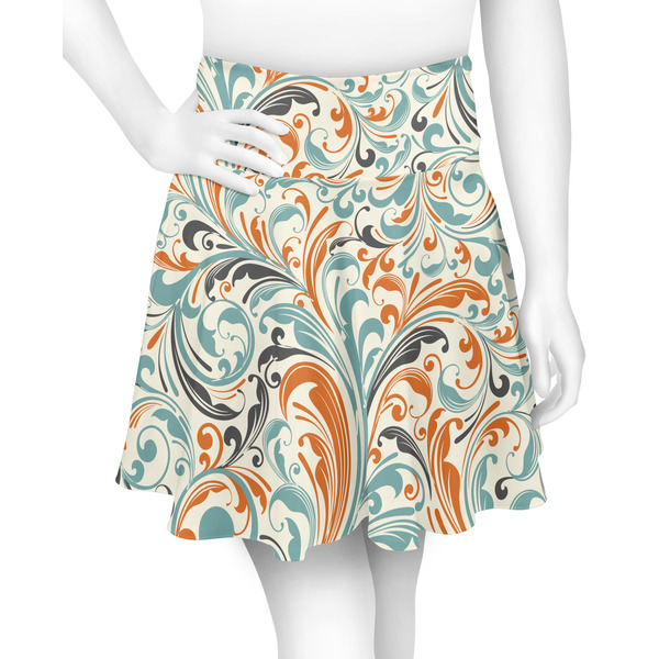 Custom Orange & Blue Leafy Swirls Skater Skirt - X Small