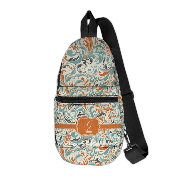 Custom Orange & Blue Leafy Swirls Sling Bag (Personalized)