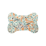 Orange & Blue Leafy Swirls Bone Shaped Dog Food Mat (Small) (Personalized)