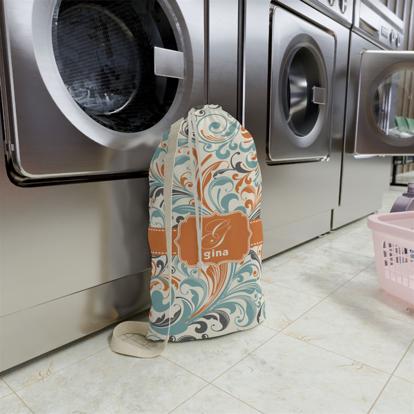 Orange & Blue Leafy Swirls Small Landry Bag - In Context