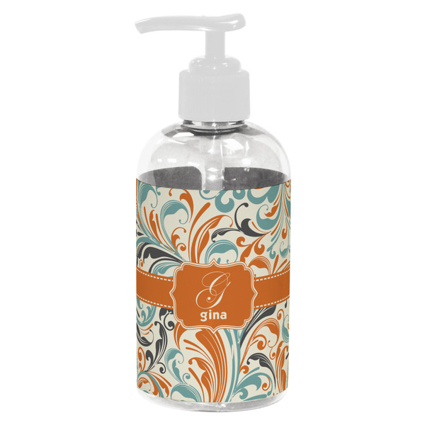 Custom Orange & Blue Leafy Swirls Plastic Soap / Lotion Dispenser (8 oz - Small - White) (Personalized)