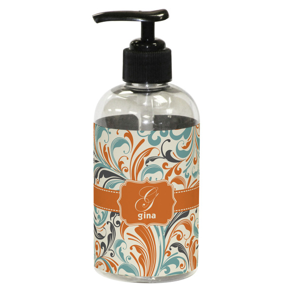 Custom Orange & Blue Leafy Swirls Plastic Soap / Lotion Dispenser (8 oz - Small - Black) (Personalized)