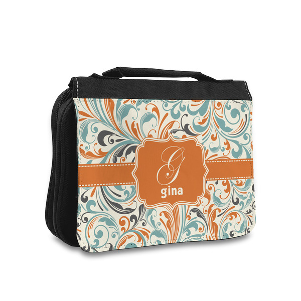 Custom Orange & Blue Leafy Swirls Toiletry Bag - Small (Personalized)