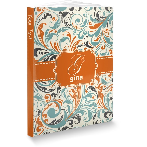 Custom Orange & Blue Leafy Swirls Softbound Notebook - 7.25" x 10" (Personalized)