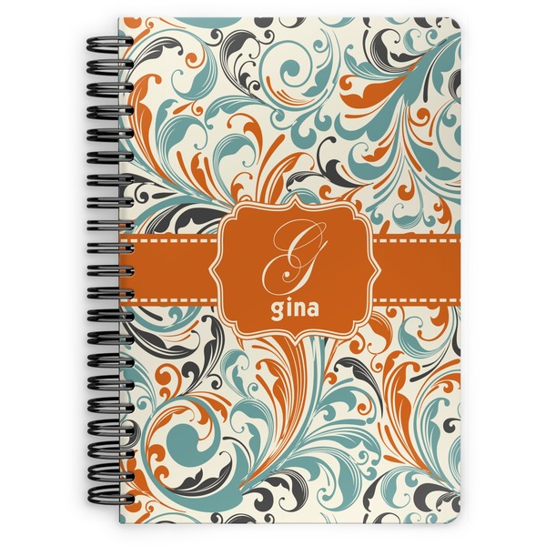 Custom Orange & Blue Leafy Swirls Spiral Notebook - 7x10 w/ Name and Initial