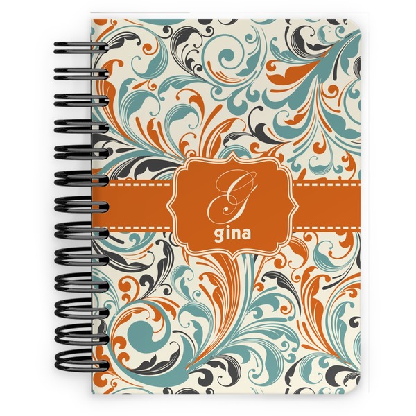 Custom Orange & Blue Leafy Swirls Spiral Notebook - 5x7 w/ Name and Initial