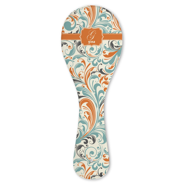 Custom Orange & Blue Leafy Swirls Ceramic Spoon Rest (Personalized)