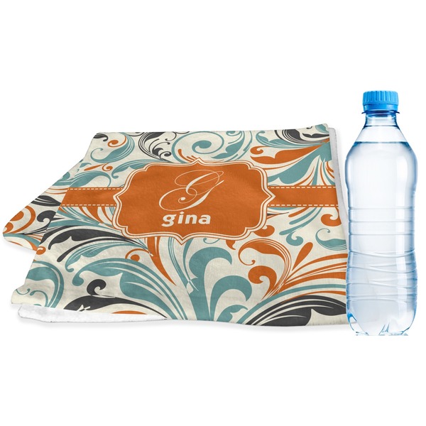 Custom Orange & Blue Leafy Swirls Sports & Fitness Towel (Personalized)