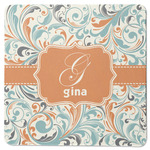 Orange & Blue Leafy Swirls Square Rubber Backed Coaster (Personalized)