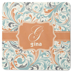 Orange & Blue Leafy Swirls Square Rubber Backed Coaster (Personalized)