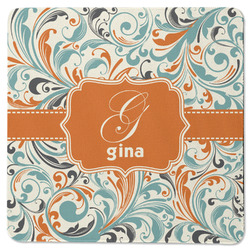 Orange & Blue Leafy Swirls Square Rubber Backed Coaster (Personalized)