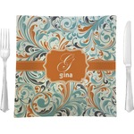 Orange & Blue Leafy Swirls 9.5" Glass Square Lunch / Dinner Plate- Single or Set of 4 (Personalized)