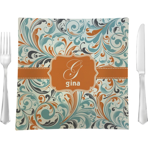 Custom Orange & Blue Leafy Swirls 9.5" Glass Square Lunch / Dinner Plate- Single or Set of 4 (Personalized)