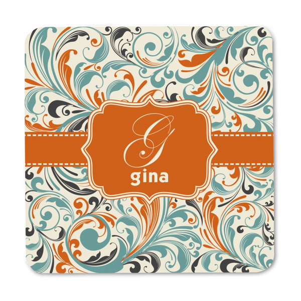 Orange & Blue Leafy Swirls Square Fridge Magnet - FRONT
