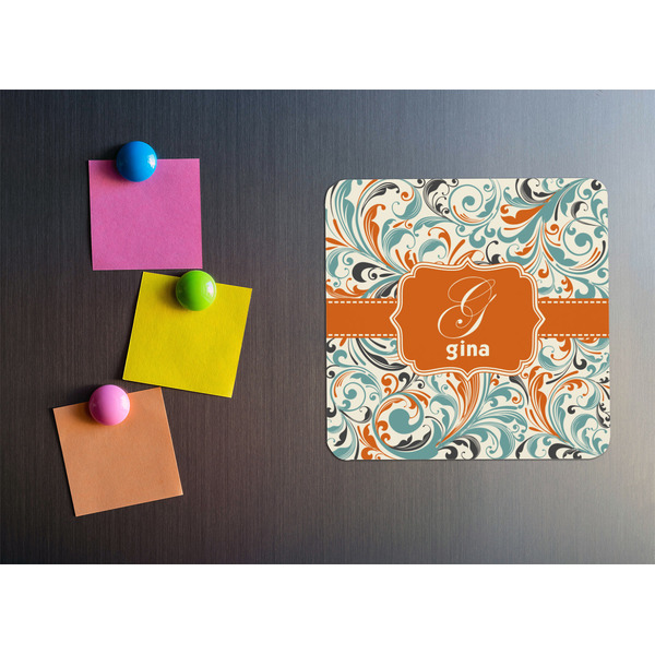 Orange & Blue Leafy Swirls Square Fridge Magnet - LIFESTYLE