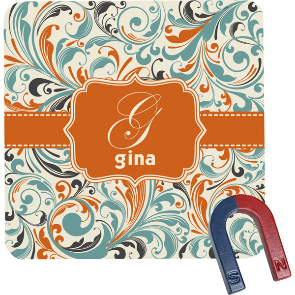 Custom Orange & Blue Leafy Swirls Square Fridge Magnet (Personalized)